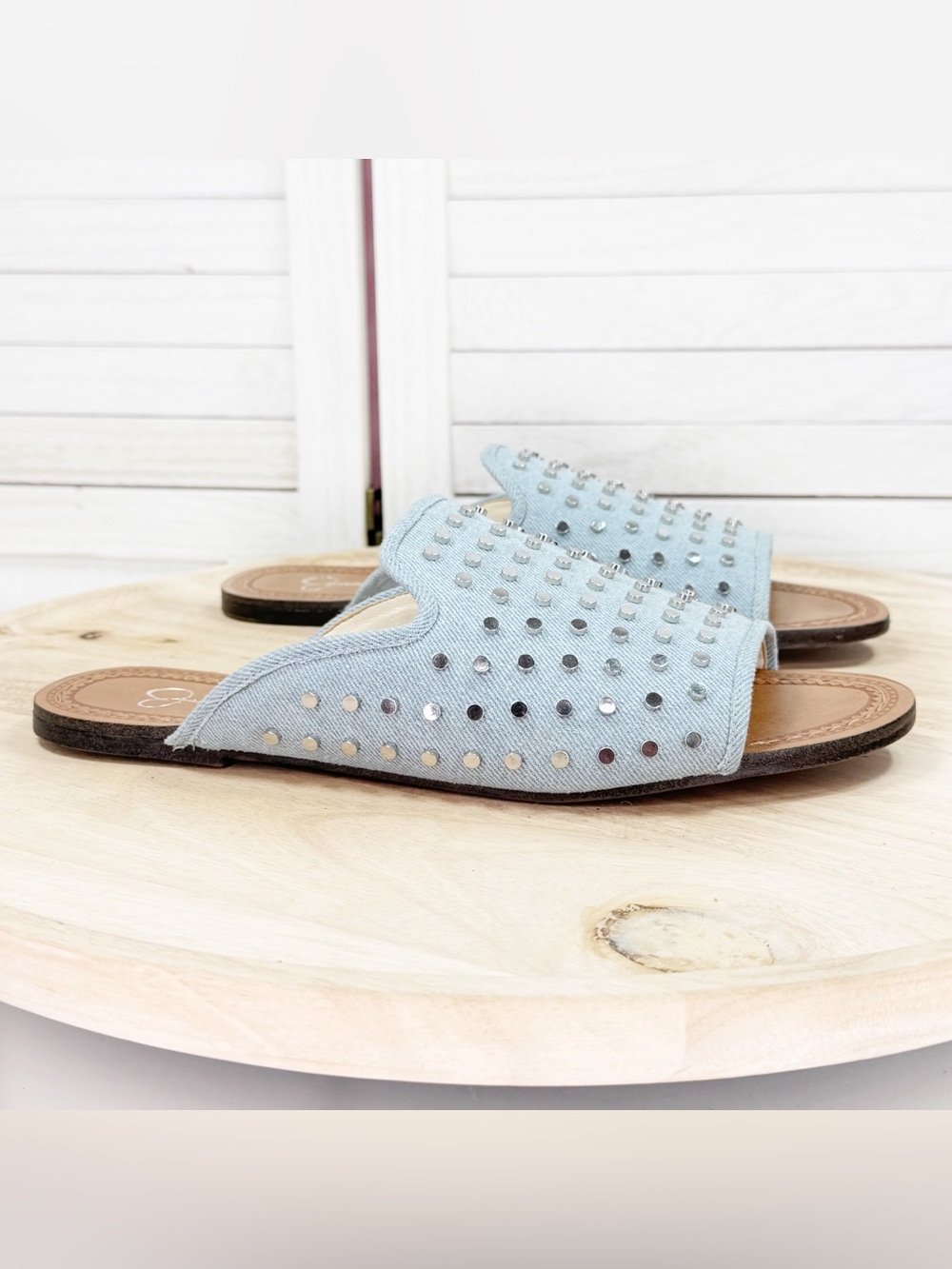 Jessica Simpson Studded Denim Slide Sandals Blue Silver 10 Western Boho